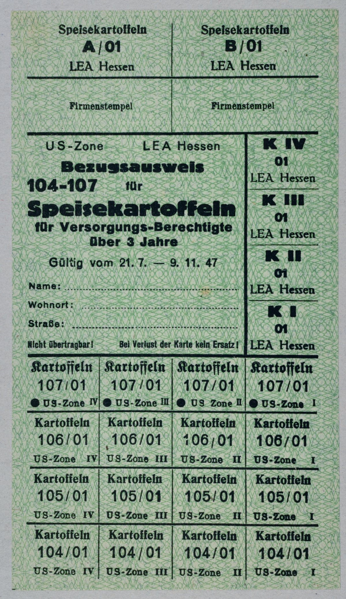 1947 MZHU Bezugsschein Lebensmittel